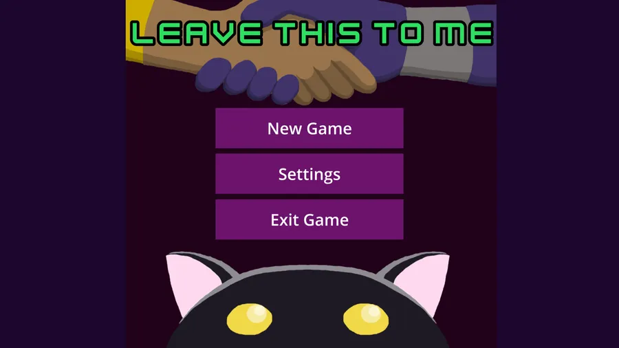 Title screen for Leave This To Me, showing a handshake between two rivals above a menu and a black cat-eared shadow gremlin peeking up from below