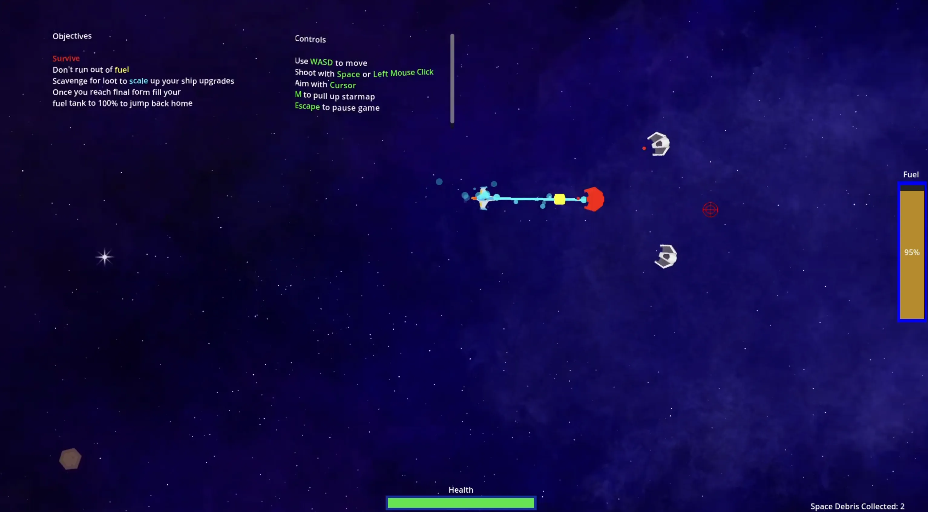 Gameplay: the player’s ship fires at incoming enemies, with an on-screen objectives list and controls reference