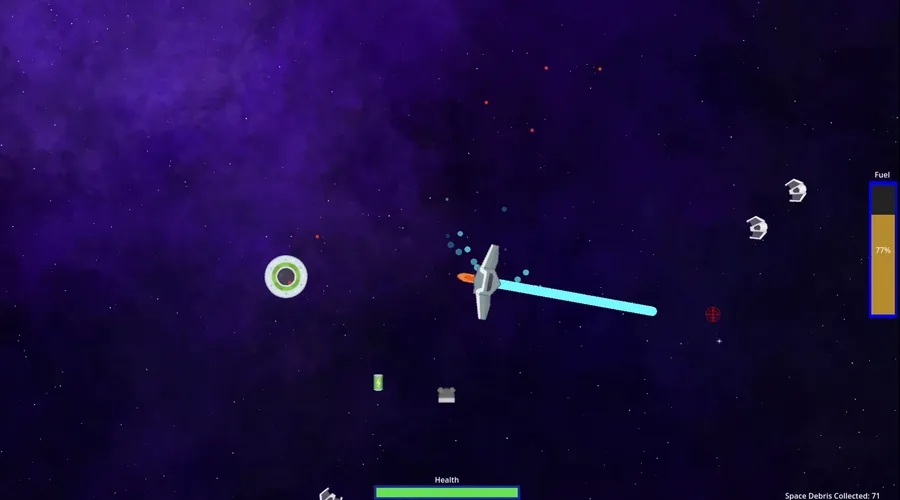 A grey starfighter fires a cyan laser across a purple nebula, with a fuel gauge at 77% and a health bar along the bottom