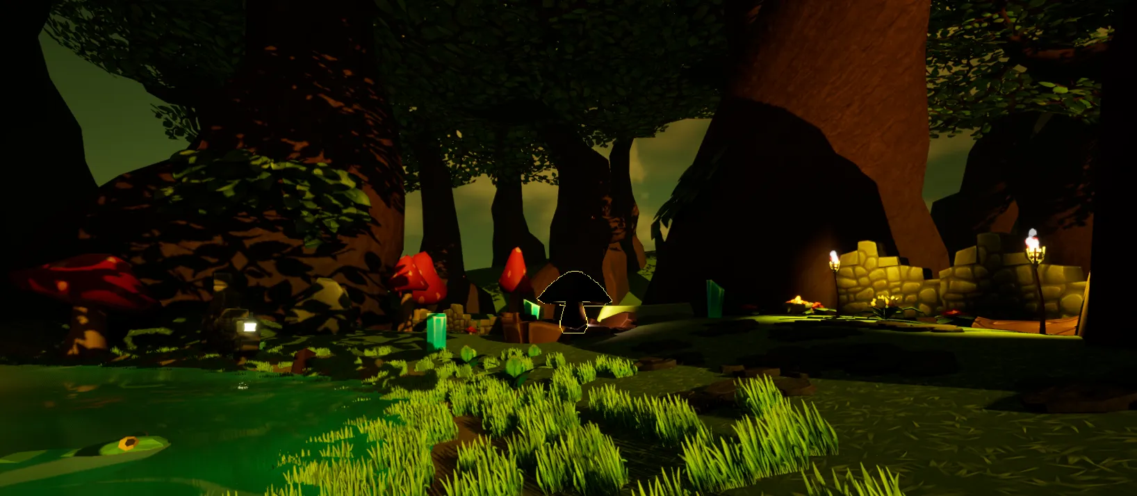 A glowing lamppost above a note on a tree stump, with floating tutorial text: “Press [Tab] to view Inventory & map. [Escape] will close the game at any time”