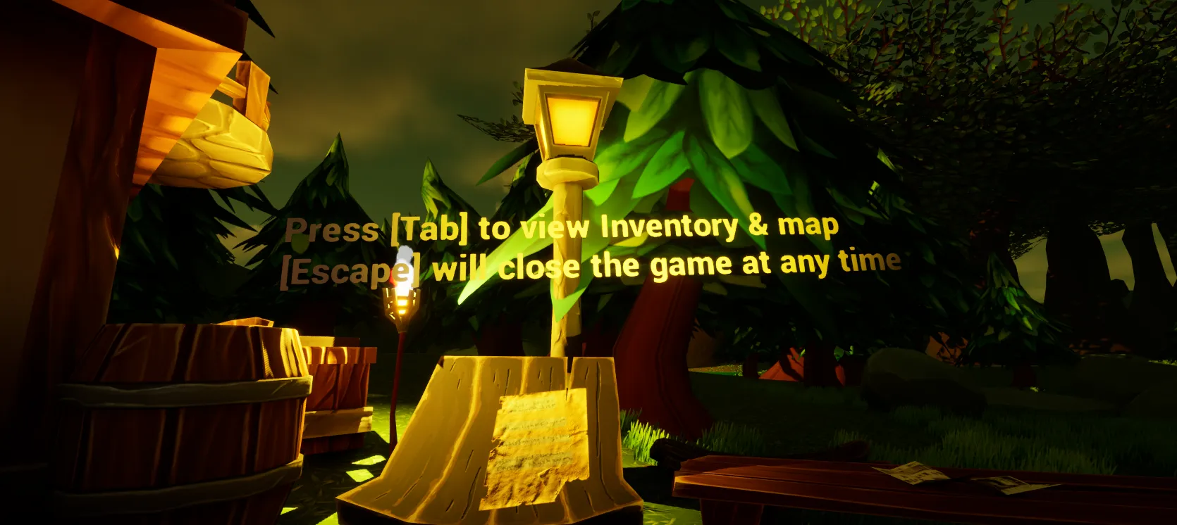 A dark forest clearing with glowing red mushrooms, green crystals and torch-lit stone ruins, with a highlighted mushroom ingredient ready to pick up