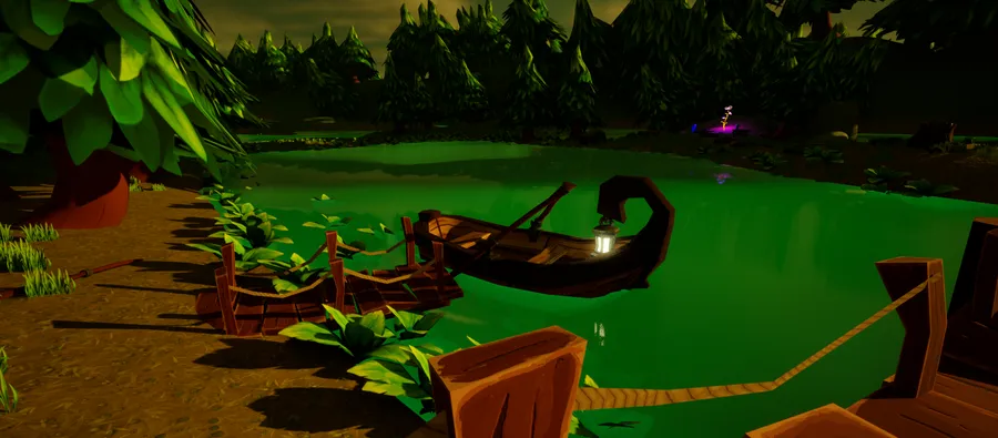 A wooden rowboat with a glowing lantern moored at a rope dock on a bright green swamp, surrounded by stylised trees at dusk