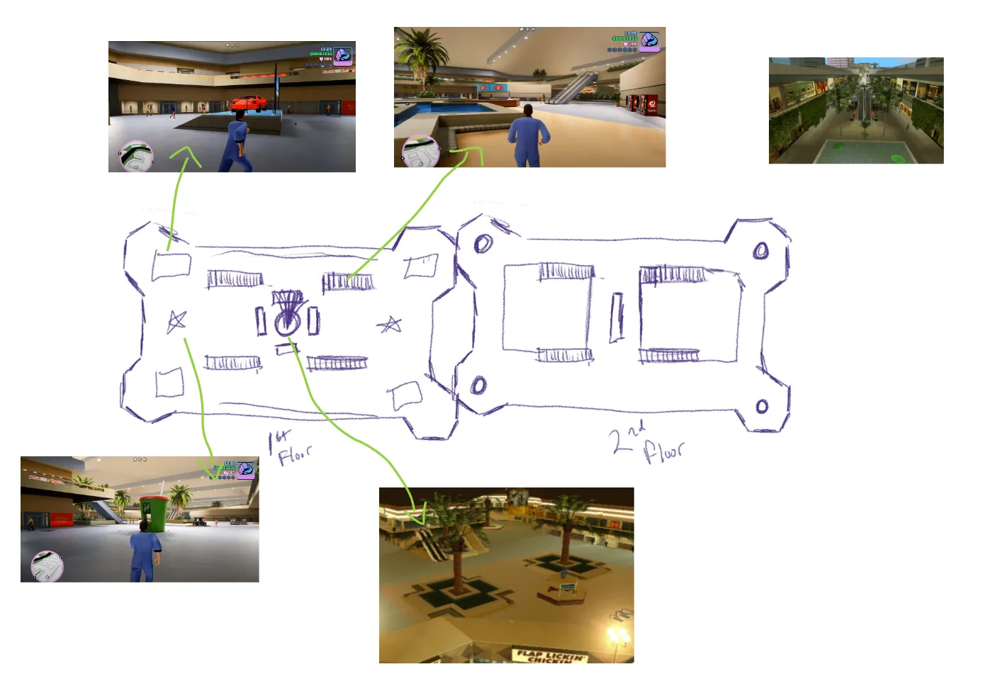 Hand-drawn two-floor mall layout sketch, with arrows linking areas of the first floor to reference screenshots of mall interiors: a central car display, palm-lined atriums, a food court and escalators